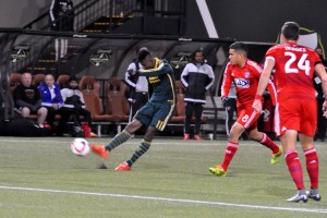 Dairon Asprilla scored on this shot to put the Timbers up 2-0